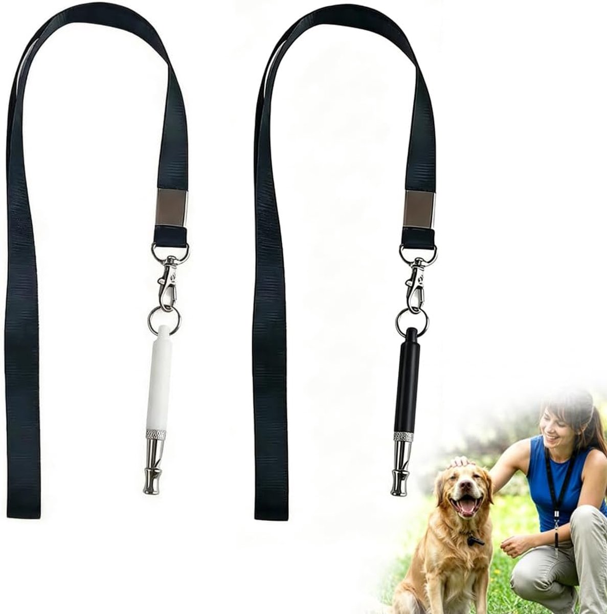SnelShoppen - 2 Stuks Hondenfluitjes Ultrasone Fluitjes voor Training - Roestvrij Staal 304 - Anti-Blaf met Verstelbare Riem - Zwart en Wit