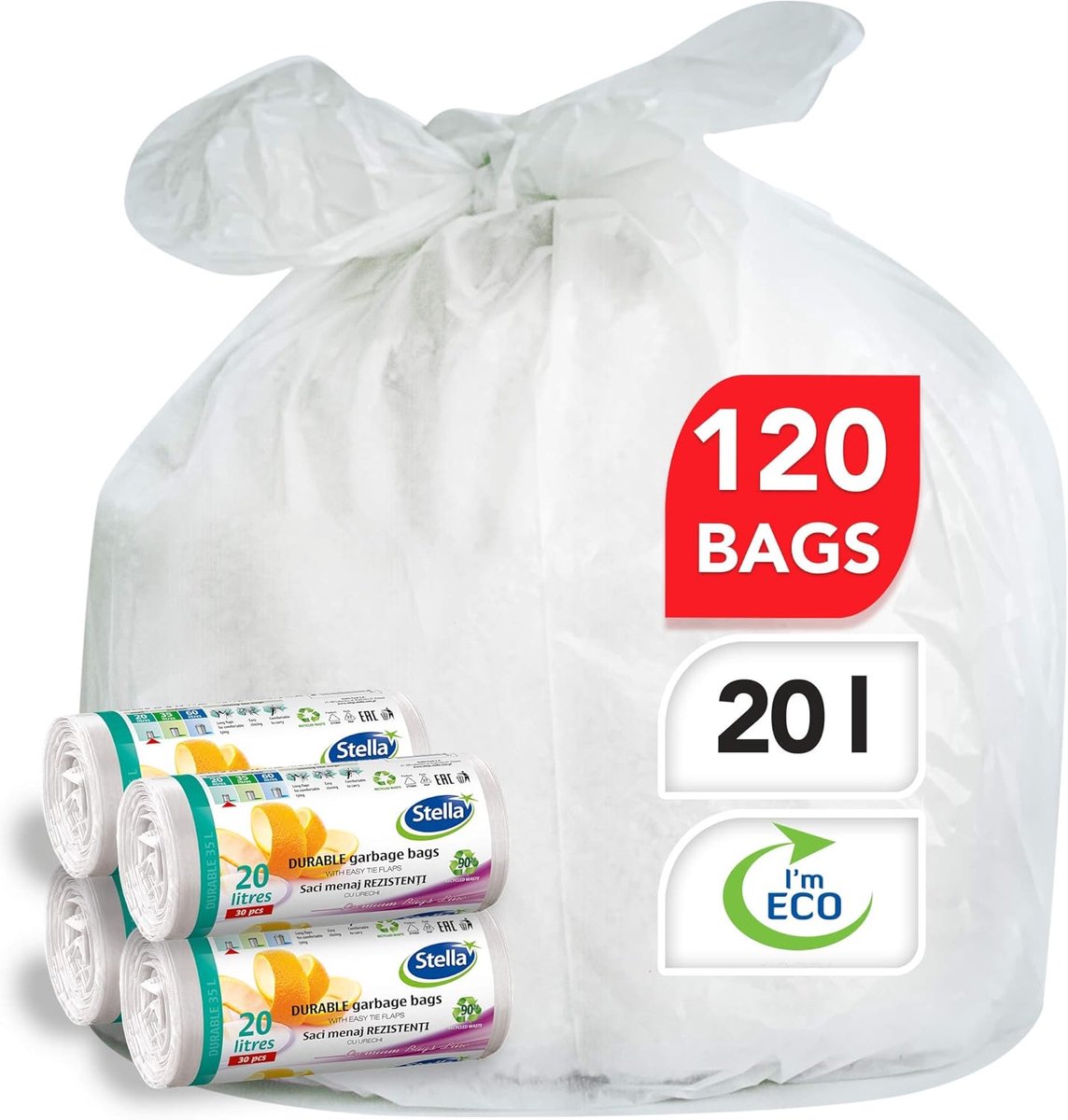 SnelShoppen - Flexibele Afvalzakken 20L Sterke Witte Vuilniszakken Recyclebaar Voor Thuis Eco-vriendelijk Scheurvast 120 Stuks Met Wave-top Sluiting