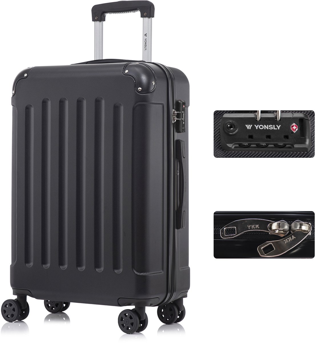 YONSLY Handbagage Koffer - 66cm - 66 L - TSA Slot - 360° Draaibare Wielen - Trolley - Zwart