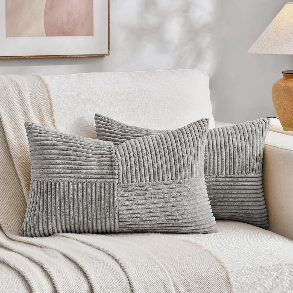 SnelShoppen - Set van 2 Boho Kussenhoezen 50x60 cm, Corduroy Modern Zacht Kussenhoezen met Kruidige Patroon voor Bank en Slaapkamer, Lichtgrijs