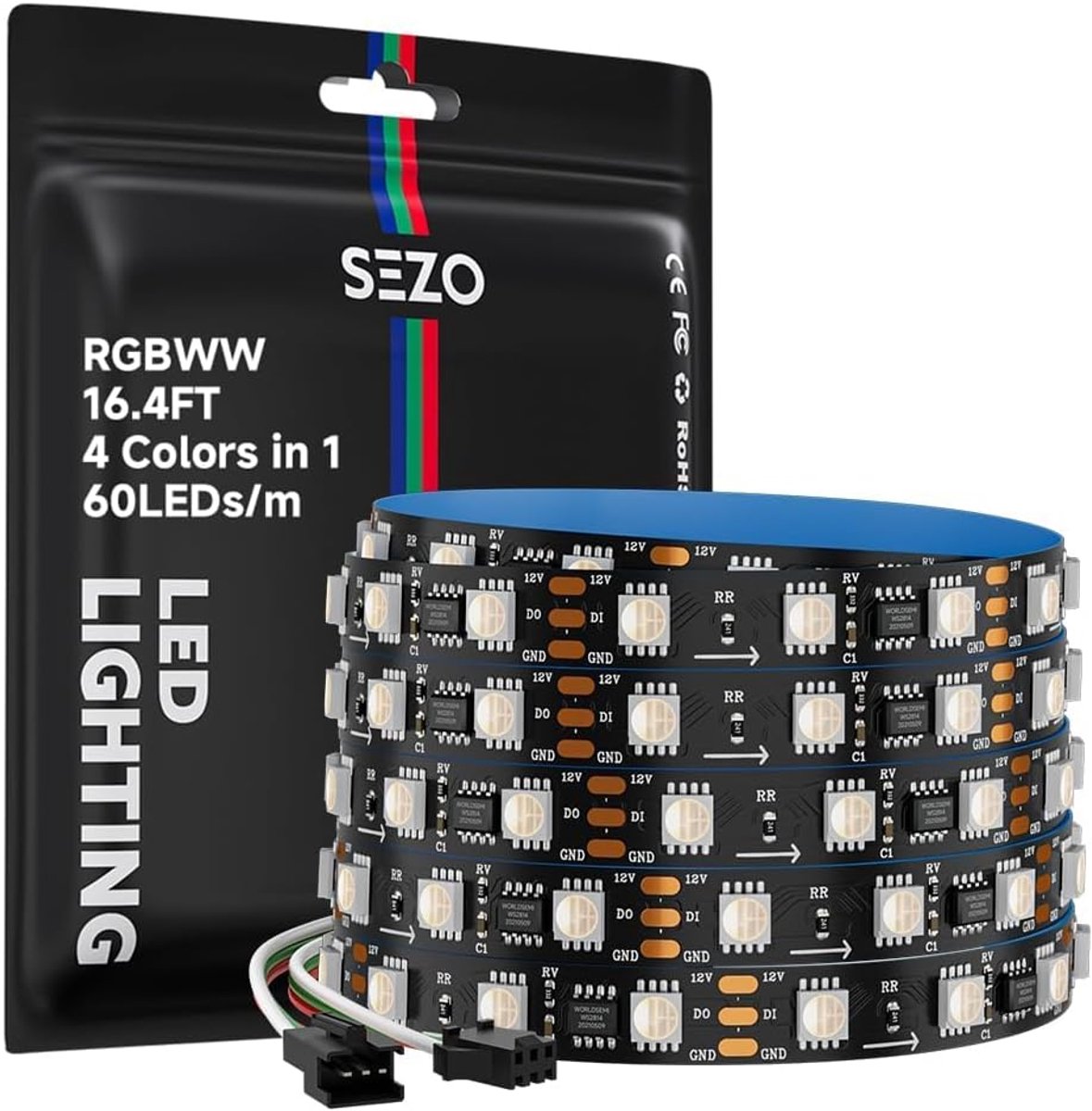 SnelShoppen - WS2814 RGBW LED Strip 5m 300LEDs DC12V Addressable SMD5050 RGB + Warm Wit voor Decoratie, DIY Projecten, Binnengebruik, IP30, 10mm, Zwar