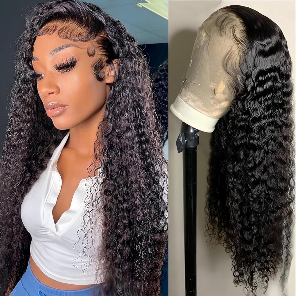 SnelShoppen - 13x4 Lace Frontal Water Wave Pruiken - Brazilian Natuurlijk Mensenhaar - 150% Dichtheid - 28 Inch - Kleur: Natuurlijk Zwart - Geschikt v