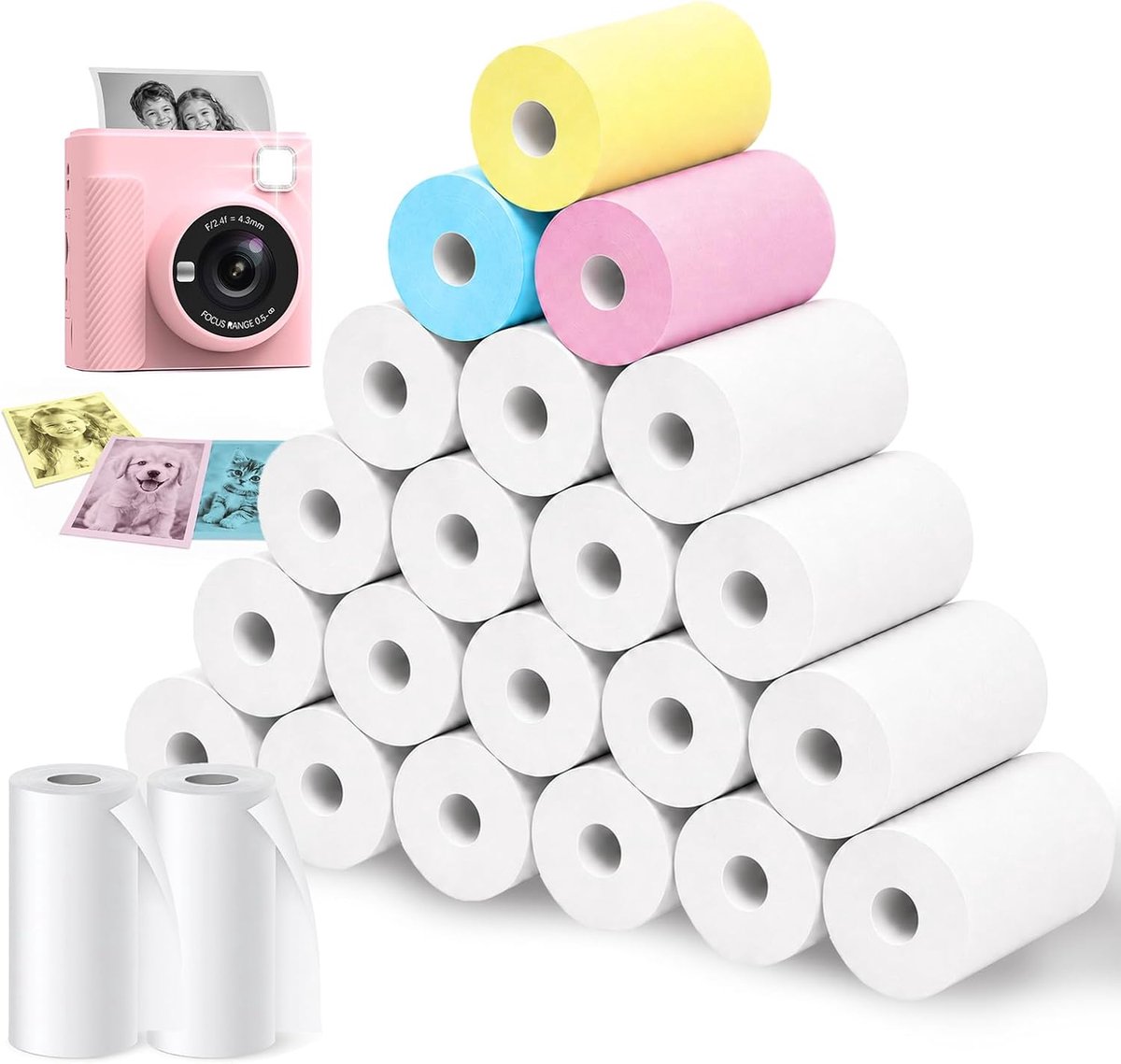 SnelShoppen - 23 rollen thermisch papier voor kindercamera's - 20 witte, 1 roze, 1 blauwe, 1 gele - navulverpakking - milieuvriendelijk en BPA-vrij -
