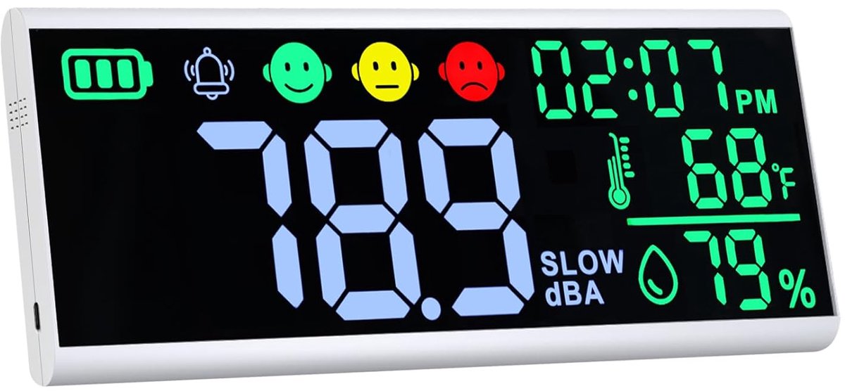 SnelShoppen - Decibel Meter 33cm Geluidsmeter met LED Scherm, Wandmontage & Bureau Geluidsniveaumeter, Toont Decibel, Tijd, Temperatuur, Vochtigheid,