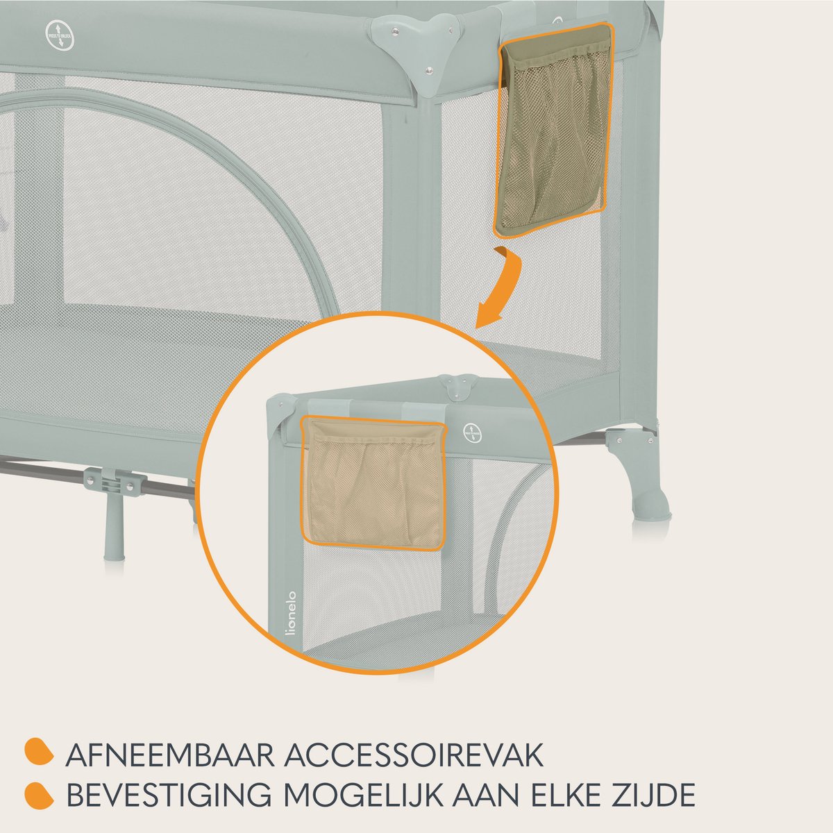 Lionelo Laura Campingbedje 2in1 – Reisbedje & Babybedje – 0-36 Maanden – 2 Matrasniveaus – Compact & Lichtgewicht – Schuimmatras – 2 Wielen met Rem – Mesh Zijpanelen – Zij-ingang – Opbergvak – Inclusief Draagtas – foto 6