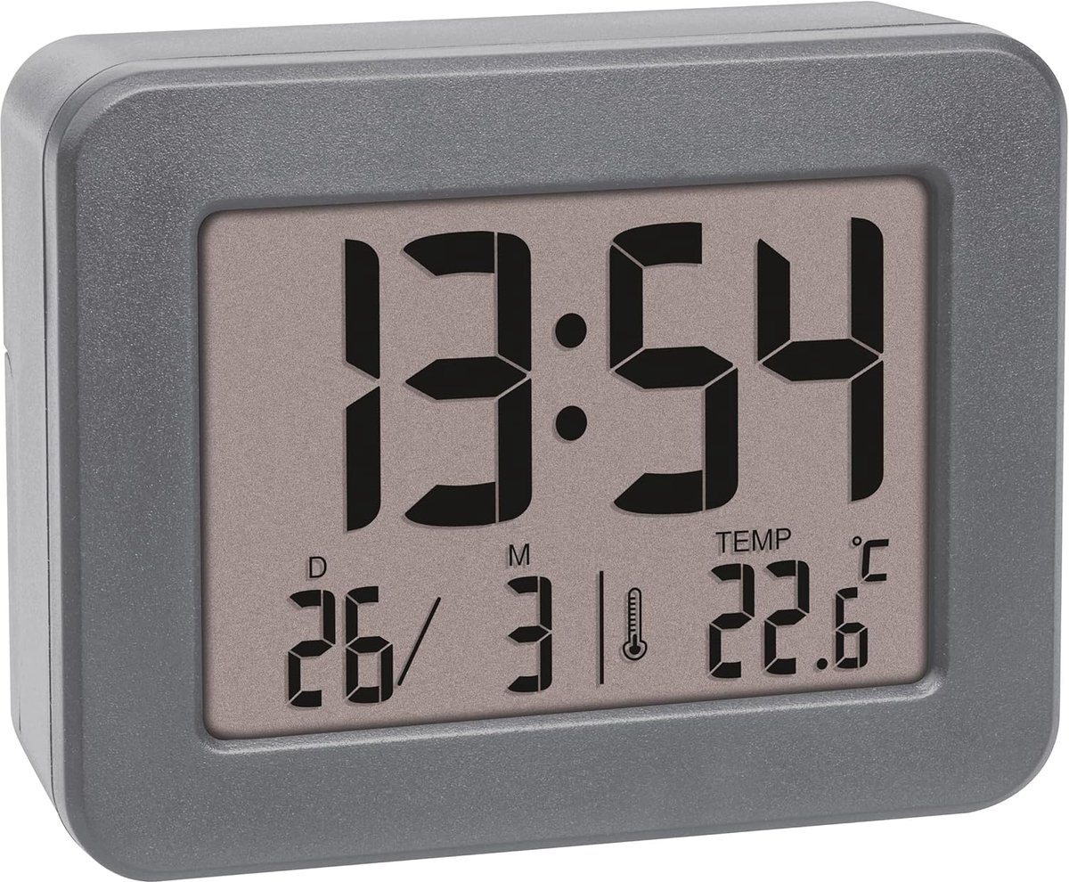 SnelShoppen - Digitale Reiswekker met Alarm en Thermometer - Compact en Lichtgewicht - Grijs - Quartz Beweging - Ideaal voor Thuis en Op Reis