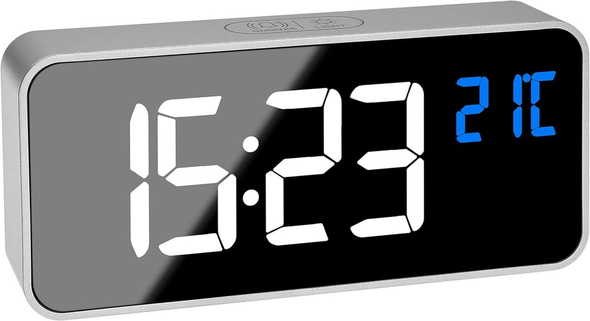 SnelShoppen - Digitale Wake-Up Klok met Spiegel Effect, 2 Alarmen, 16 Melodieën, 4 Helderheidsniveaus, Binnen Temperatuurmeter, Oplaadbare Batterij, Z