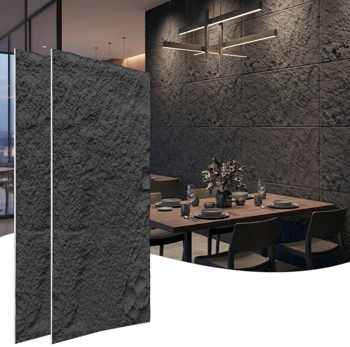 Froadp 4 stuks Plaatwerk met rotslook, 120 x 63 cm, 3 cm dik wandpanelen, PU-wandbekleding Donkergrijs