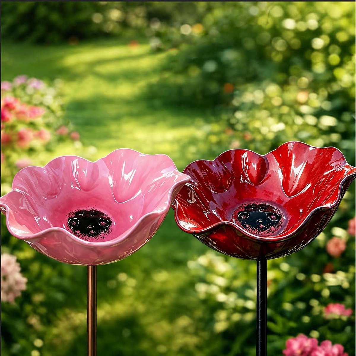 Vogeldrinkschaal - 2 Stuks - Vogelbadje - Vogeldrinkbakken - Metaalbloemen-tuinpaal-vogeldrinkbak - Tuindecoratie voor Vogels - Vogelbad voor Buiten - Wildlife Vogeldrinkschaal voor Tuinvogels - 15 x 60 cm - Roze + Rood