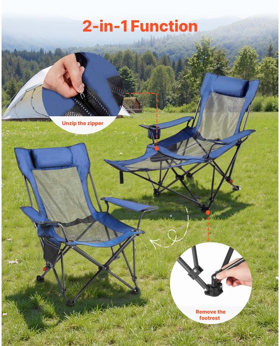 Opvouwbare campingstoel, relaxstoel met 4 verstelbare standen, comfortabele stoel met bekerhouder, strandstoel van ademend mesh met hoofdsteun en voetensteun, draagvermogen tot 100 kg, ideaal voor buitenactiviteiten, blauw — afbeelding 5