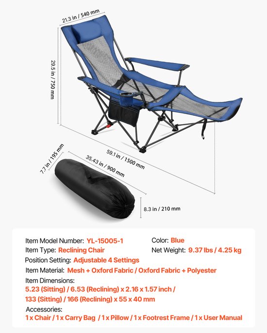 Opvouwbare campingstoel, relaxstoel met 4 verstelbare standen, comfortabele stoel met bekerhouder, strandstoel van ademend mesh met hoofdsteun en voetensteun, draagvermogen tot 100 kg, ideaal voor buitenactiviteiten, blauw — afbeelding 4