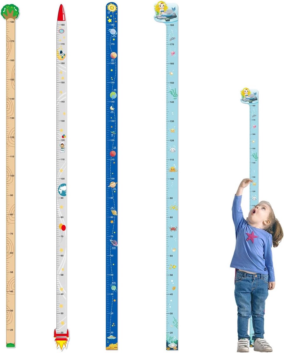 SnelShoppen - 4 Stuks Kinder Wandstickers, Groeimeter, Muurdecoratie voor Jongens en Meisjes, Zelfklevend PVC, 180 cm, Groeidiagram voor Kinderen