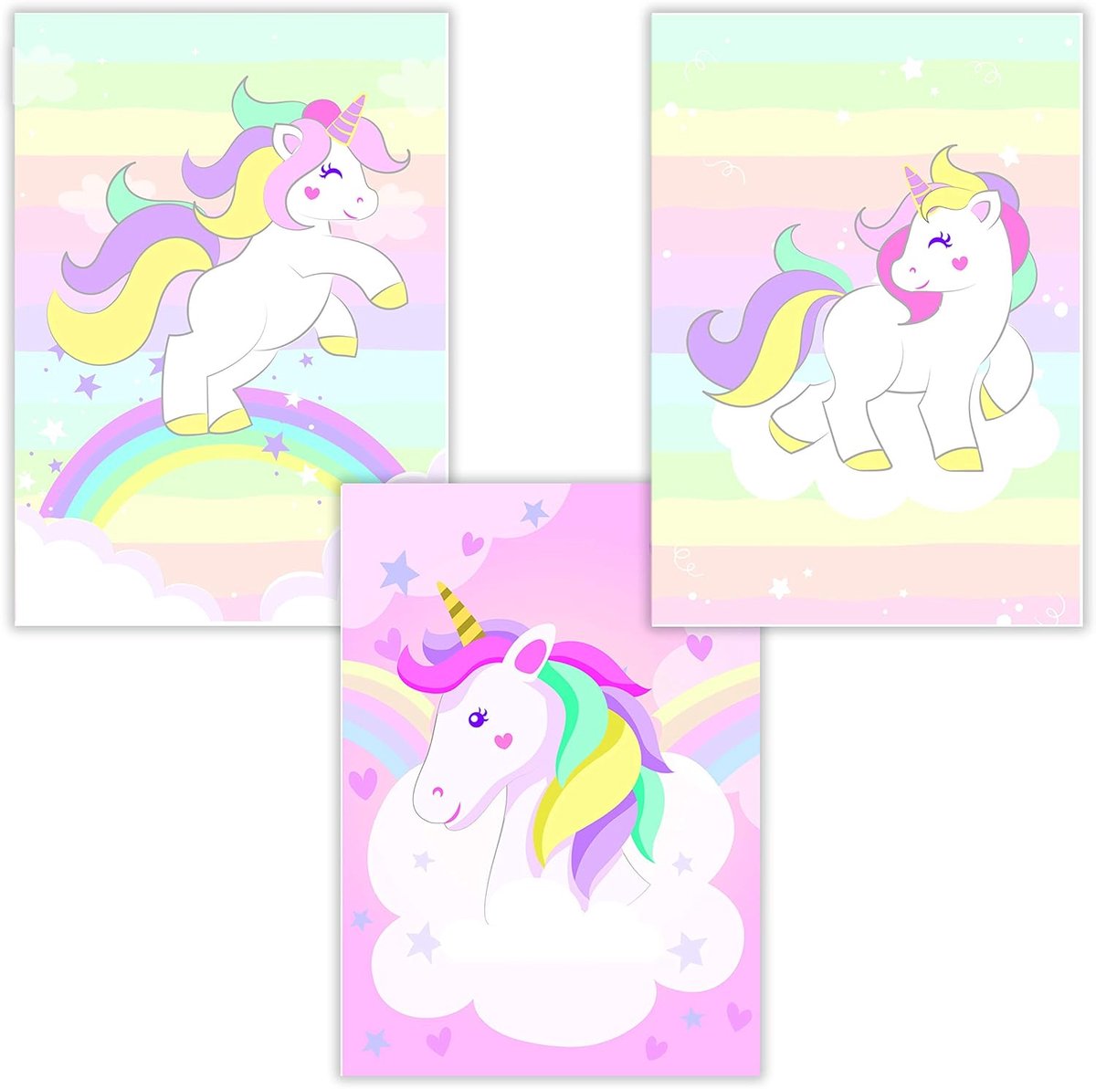 SnelShoppen - Set van 3 Eenhoorn Posters Kinderkamer Decoratie Meisje Roze DIN A4 Wanddecoratie Kinderkamer Gave Cadeau Unicorn