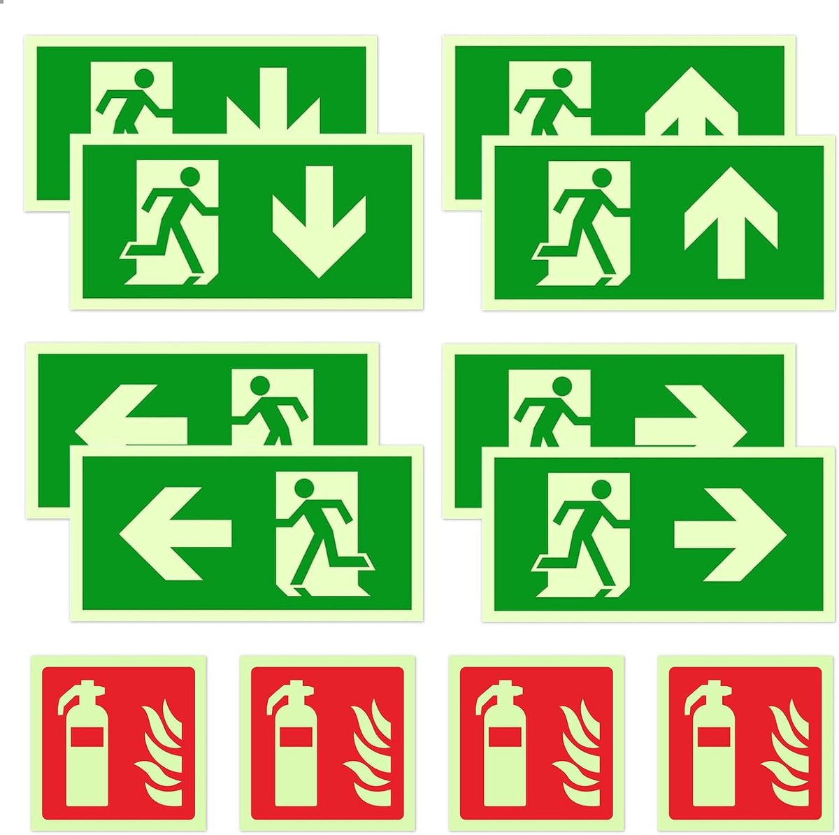 SnelShoppen - 12 stuks Vluchtwegborden Set - Oplichtend Nooduitgangsborden + Brandblusserborden - 8x Nooduitgang met Pijl + 4x Brandblusser - Veilighe