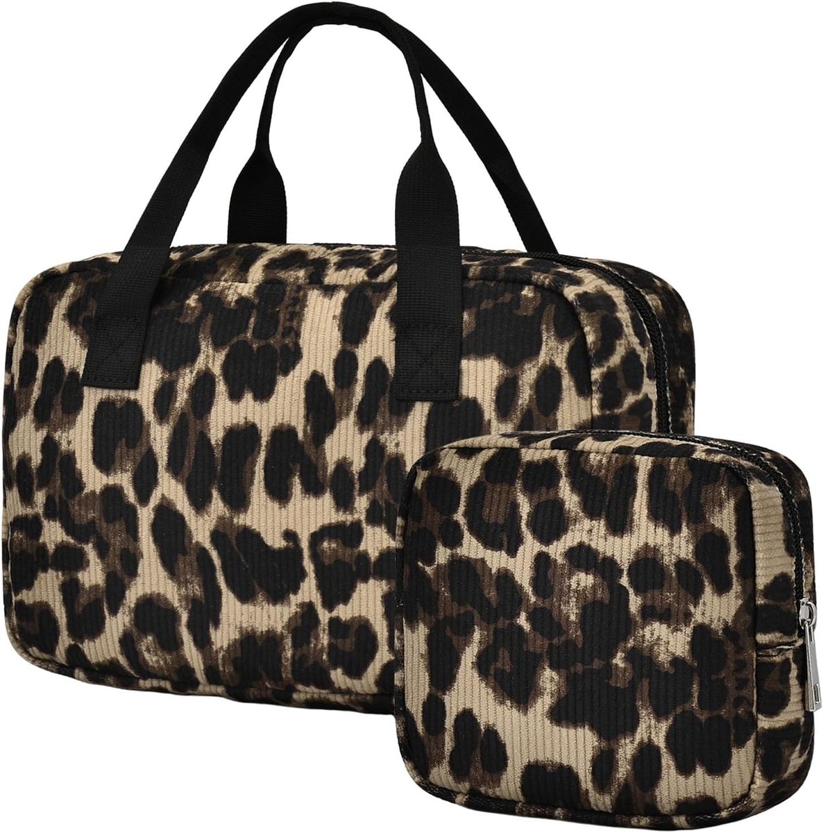 SnelShoppen - Grote Cosmetica Tas - Corduroy Toilettas met Compartimenten - Make-up Organizer - Leopard Print - Inclusief Kleine Make-up Tas - 26x16x1
