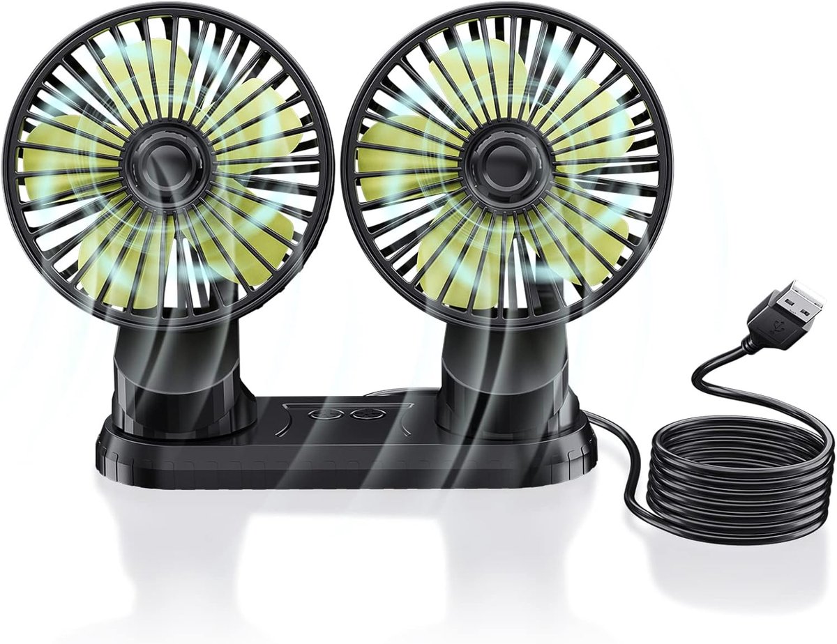 SnelShoppen - Ymenow 5V Dual Head USB Autoluchtventilator - Draaibare 360° Desk Fan met 3 Sterke Windstanden voor Auto Dashboard en Thuis