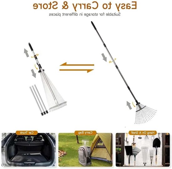 Rake Adjustable with Handle 215 cm Fan Broom Metal Rake Metal Rake with Gloves Garden Rake Fans Lawn Rake for Cleaning Plants Lawn and Yard — afbeelding 2