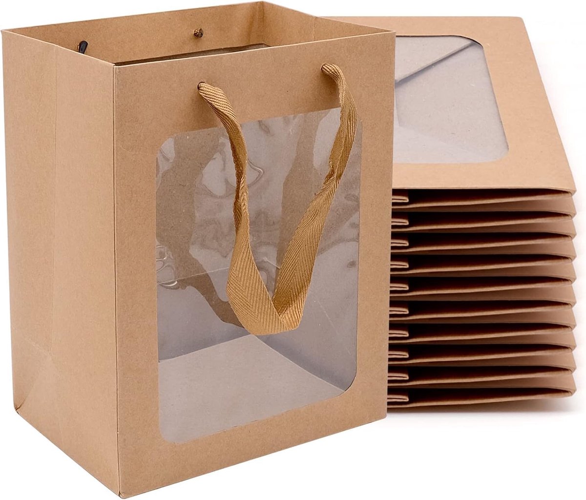 SnelShoppen - 20 Stuks Kraft Papieren Cadeautassen met Venster - 25x18x13cm - 180GSM Bruine Papieren Tassen met Handvat - Perfect voor Verjaardag, Bru