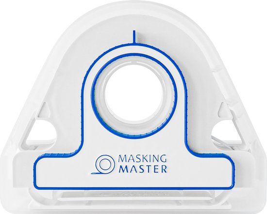 Witte Masking Master schilderstape applicator met een blauwe rand en logo, op zwarte achtergrond.
