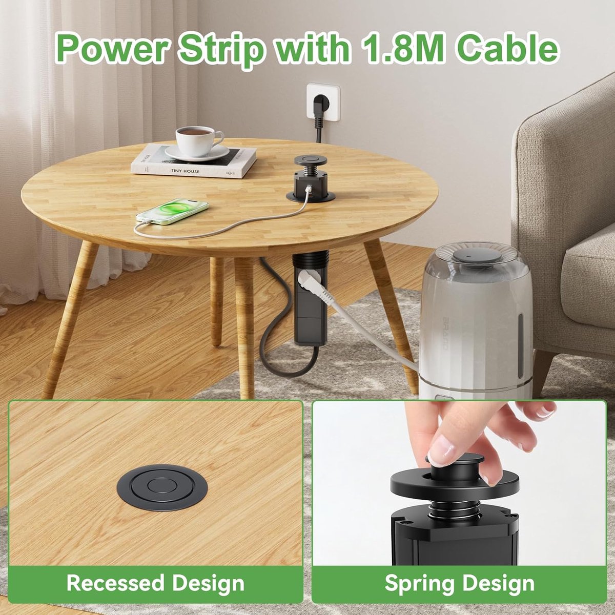 Thijox - Inbouwcontactdoos Uittrekbaar met 3 Stopcontacten, 2 USB Poorten en USB-C, Tafelwerkblad 4000 W/16 A, Ø 60 mm, 1,8 m Kabel, Zwart voor Keuken