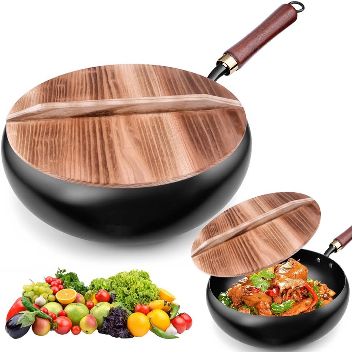 SnelShoppen - Cast Iron Pan 28cm - Handgeforgeerde Gietijzeren Pan met Houten Deksel - Non-stick Grote Buikpan voor Inductie, Gasfornuis, Koken en Bak