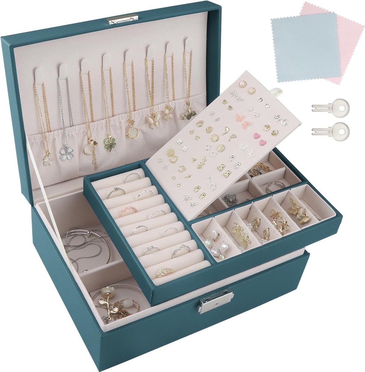 SnelShoppen - Dubbele Laags PU Leren Sieradenbox, 23x17x8.5 cm, Organiser voor Ringen, Oorbellen, Kettingen, Armbanden, Inclusief 2 Sleutels en Schoon