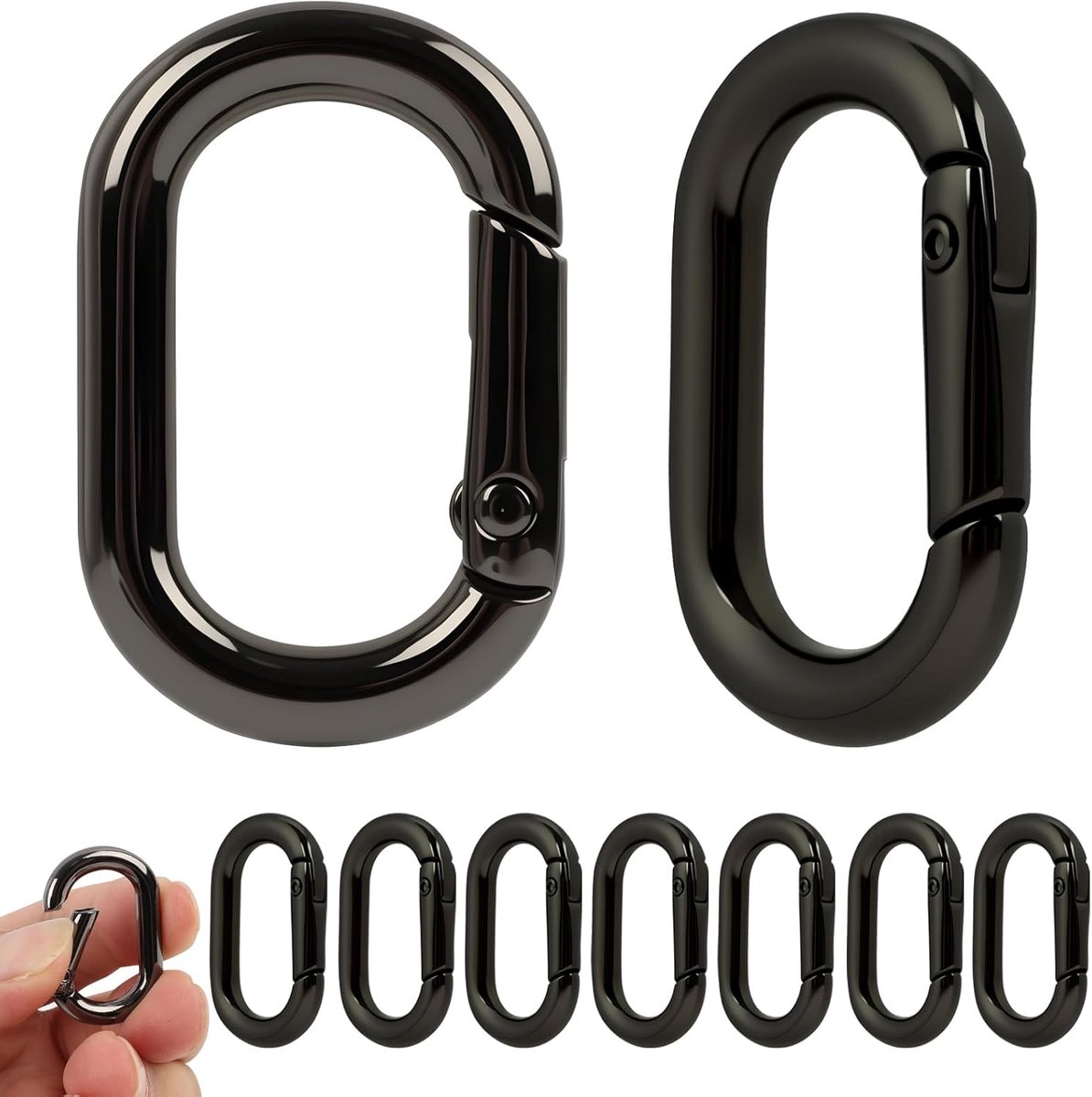 SnelShoppen - Pack van 10 Zwarte Ovalen Carabiner Haken - Grote 3 x 2 cm Metaal Ringen - Stevige Sleutelhangers voor Sleutels, Rugzakken, Buitenactivi
