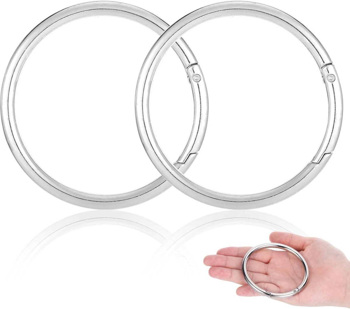 SnelShoppen - 2 Stuks Ronde Carabiner Haak - Grote Sleutelhanger - RVS 75mm - Ideaal voor Sleutels, Tassen, DIY Klussen en Camping - Zilver