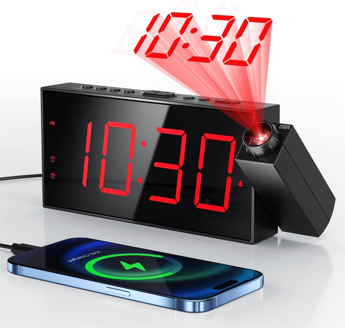 SnelShoppen - Loud Alarm Clock met 180° Rotatable Projector, 5 Levels Brightness Dimmer, LED Display, USB Charger, 9 Minuten Snooze, 12/24U DST