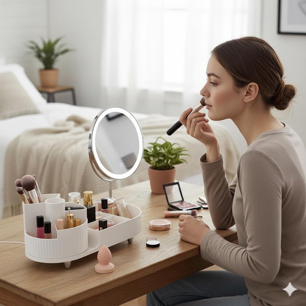 SnelShoppen - Makeup Organiser - 360° Rotatie, 2-in-1 Compartment, Cosmetica Organiser voor Dressing Table, Badkamer, Skincare Organizer - Wit