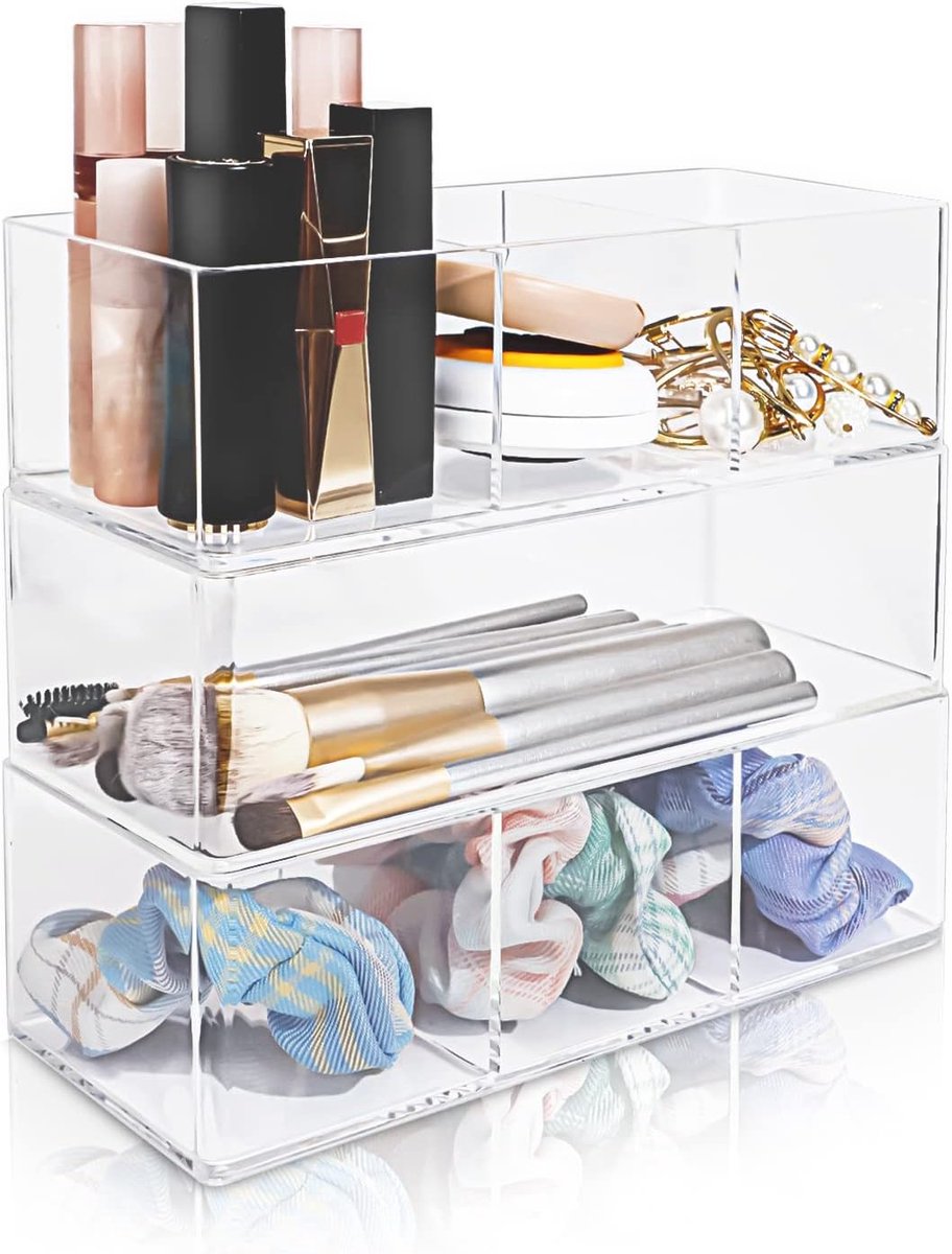 SnelShoppen - Cosmetic Organiser Set Acryl Makeup Organizer Met 7 Compartimenten Stapelbare Make-up Opbergdozen Voor Nagellak, Accessoires En Sieraden