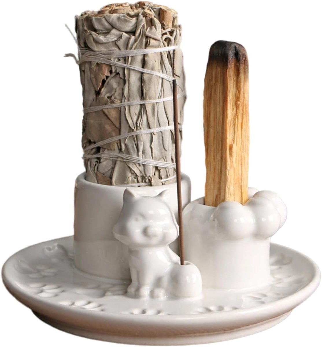 SnelShoppen - 4-in-1 Palo Santo Houder, Handgemaakte Keramische Wierookbrander voor Salie, Palo Santo Sticks, Wierook Conen en Kaarsen, 13cm Wit Ceram