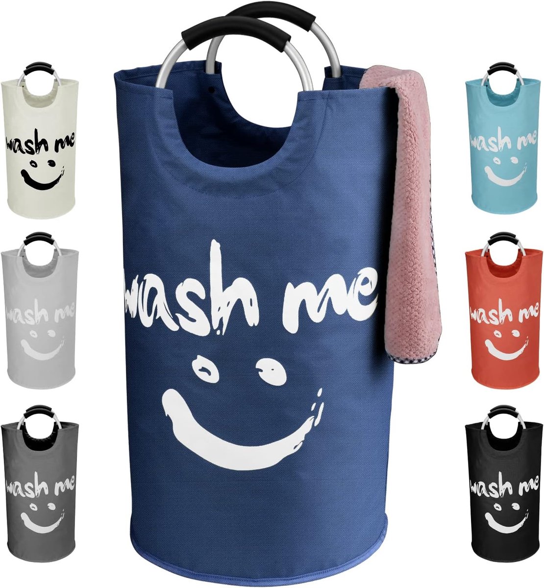 SnelShoppen - Vouwbare Wasmand 115L, Comfortabele Handvat, Smiley Wasemmer voor Kleding Organizer, Navy Blauw, Indoor en Outdoor, Camping, Woonkamer,