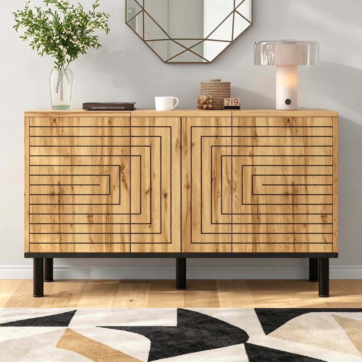 HAUSS SPOLE Dressoir - 3 Deuren Met Push Open En Golfpatroon - Voor Woonkamer En Eetkamer - MDF En Spaanplaat - 120x35x68 Cm - Naturel