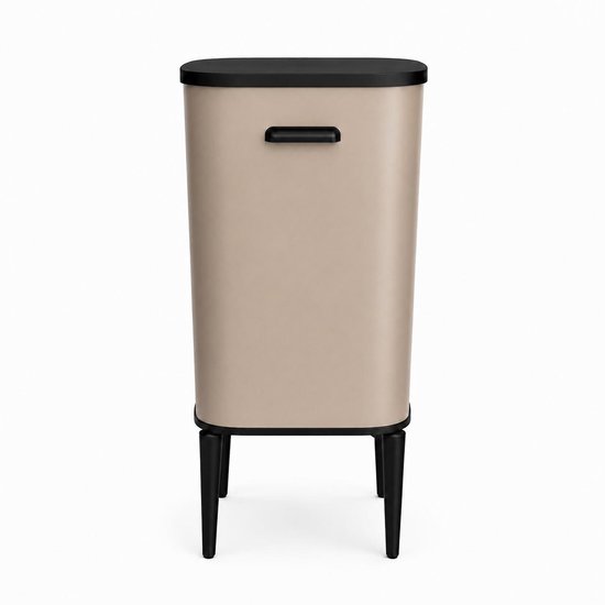 Taupe afvalbak met zwart deksel, handvat en zwarte poten. Logo 'barero' zichtbaar.