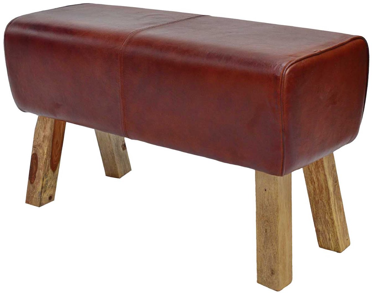 Leren zitbank in turnbokstijl – Handgemaakt van leer en massief mangohout – 78 × 35 × 46 cm – Vinod