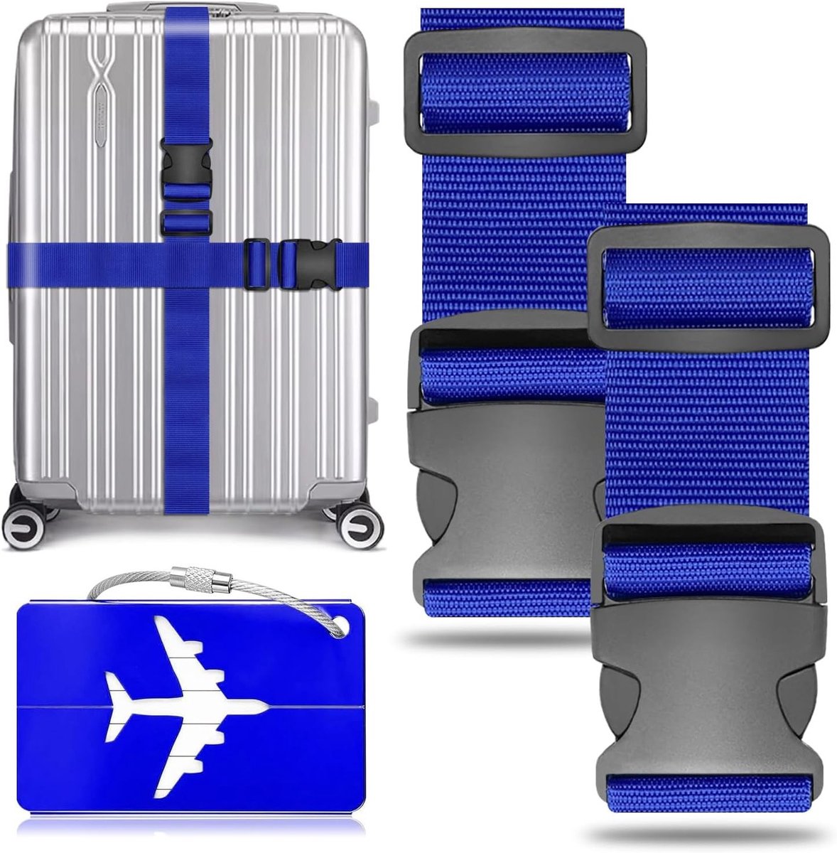 Verstelbare Bagagestraps Set van 2 met Bagagelabel voor Snelle Identificatie, Blauw, Duurzaam Polyester, Geschikt voor Auto, Vrachtwagen en Caravan