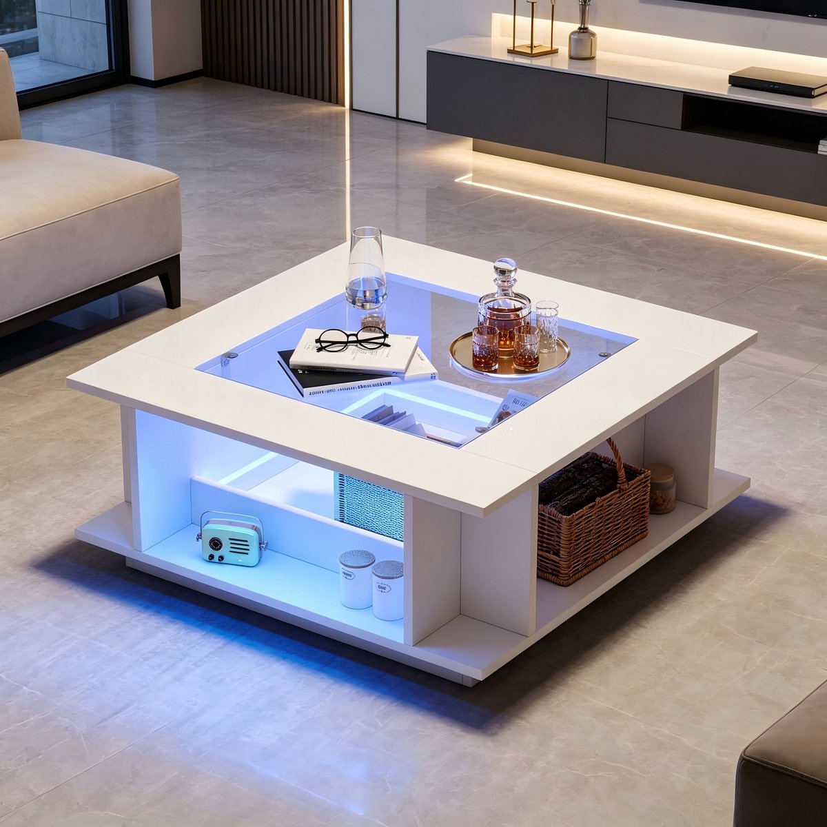 HAUSS SPOLE Salontafel - Vierkant Met Glasplaat En Ledverlichting - Opbergruimte Voor Woonkamer - Hoogglans Spaanplaat - 70x70x30 Cm - Wit