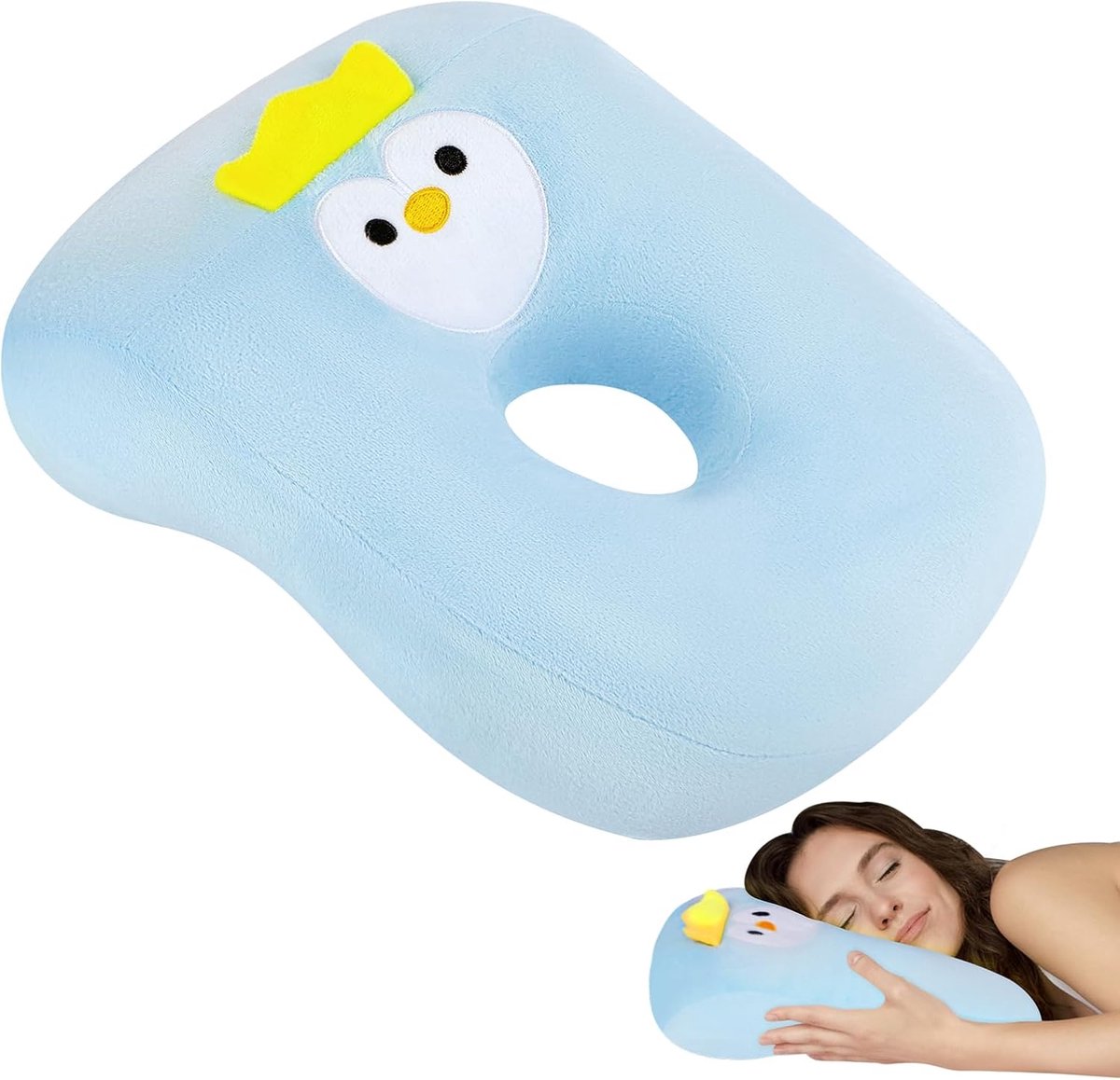 SnelShoppen - Ergonomisch Piercing Pillow, Schattige Zachte Oorkussen met Ventilatiegaatje, Blauw, Ideaal voor Thuis, Kantoor, Vliegtuig, Kamperen, Co
