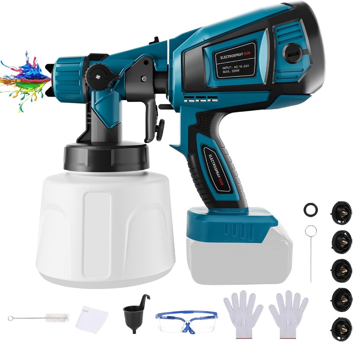 SnelShoppen - Draadloze Verfspuit voor Makita 18V Accu - 1000 ml Tank - 5 Spuitmonden - 3 Spray Patronen - Schoonmaakborstel, Handschoenen, Veiligheid