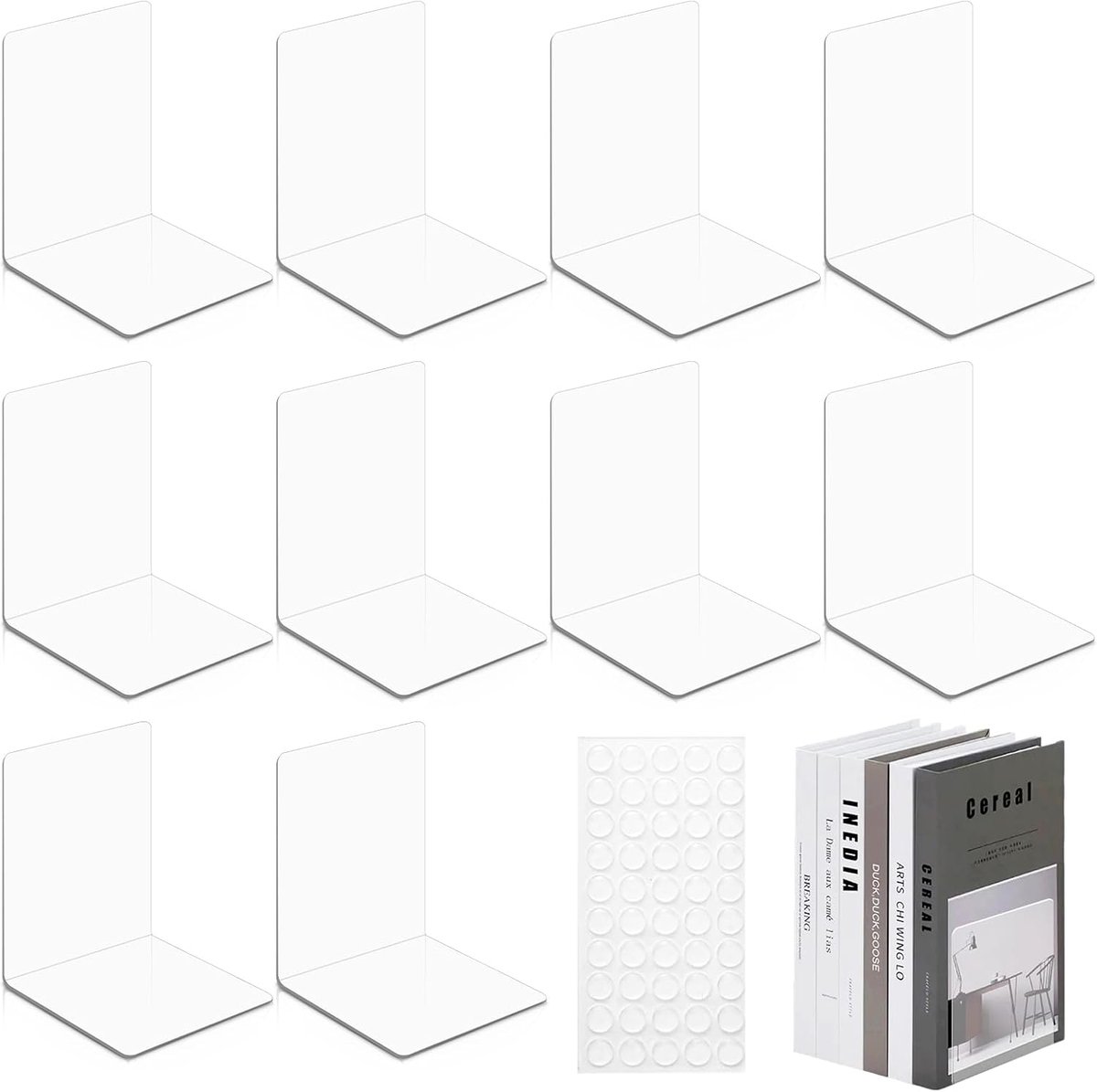 SnelShoppen - 10 Stuks Transparante Acryl Boeksteunen met Antislip Stickers, 3mm Dikke Boekenklemmen voor Boeken, Geschikt voor Slaapkamer, Bibliothee