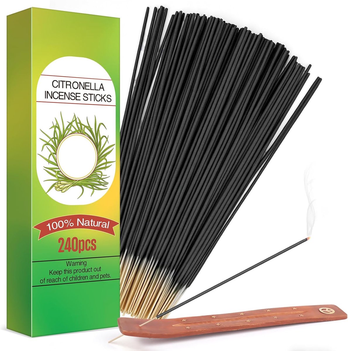 SnelShoppen - 240 Citronella Wierookstokjes, 200 Uur Lemongrass Geur, Inclusief Houder, Ideaal voor Camping, Buiten, Tuin en Balkons - Natuurlijke Fri