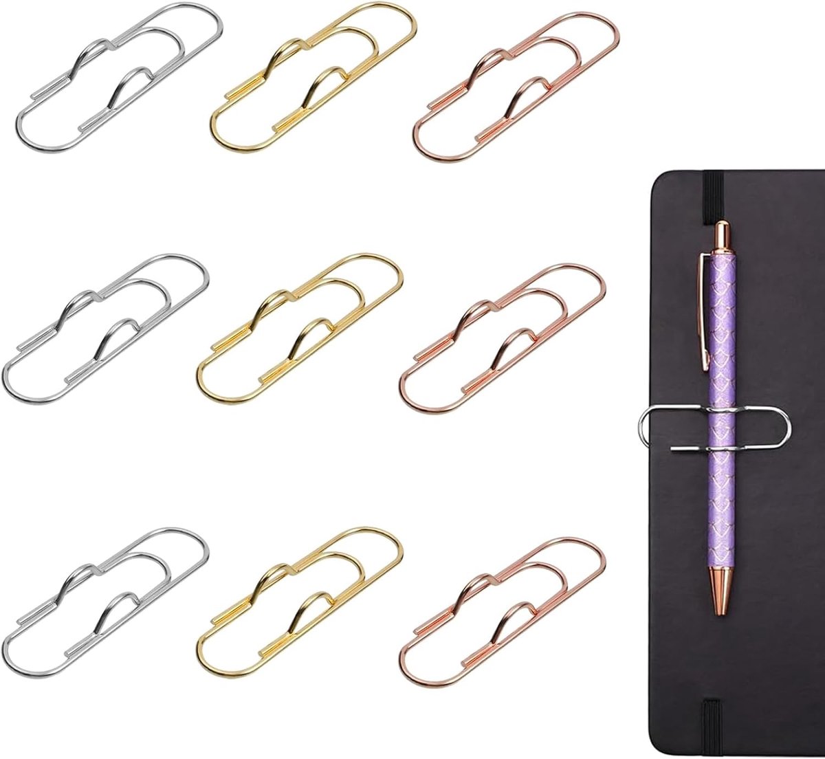 SnelShoppen - Penhouder met Clip, 9 Stuks Metalen Penclips, Eenvoudige Penhouder, Kantooraccessoires voor Notities, Agenda, Notitieboek, Drie Kleuren