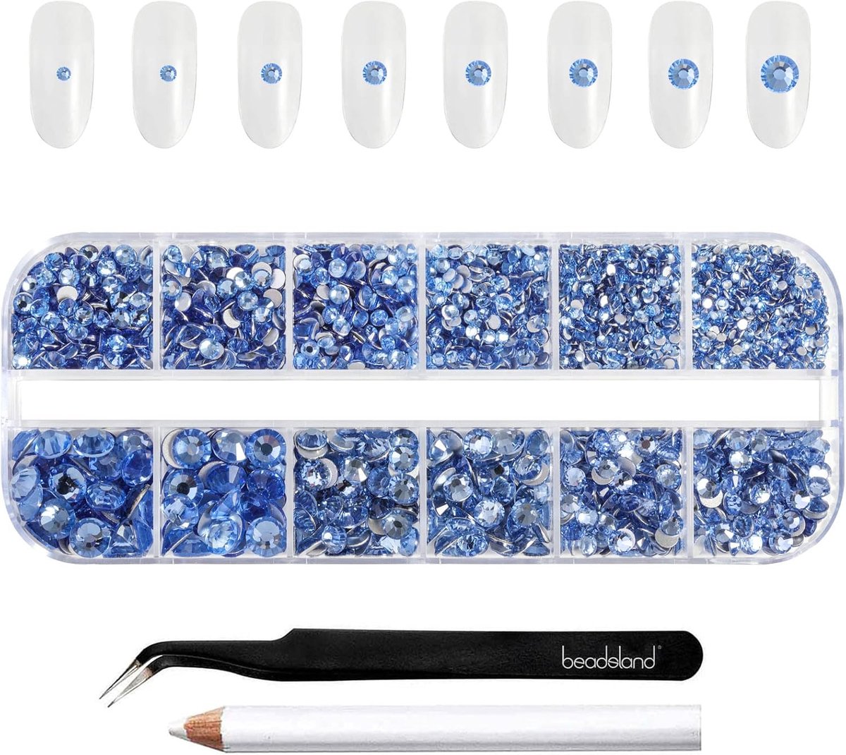 SnelShoppen - 2500 Stuks Lichtblauwe Rhinestones SS4-SS30 voor Make-up en Nagels, Crystal Flat Back met Pincet en Wax Pen, 8 Maten