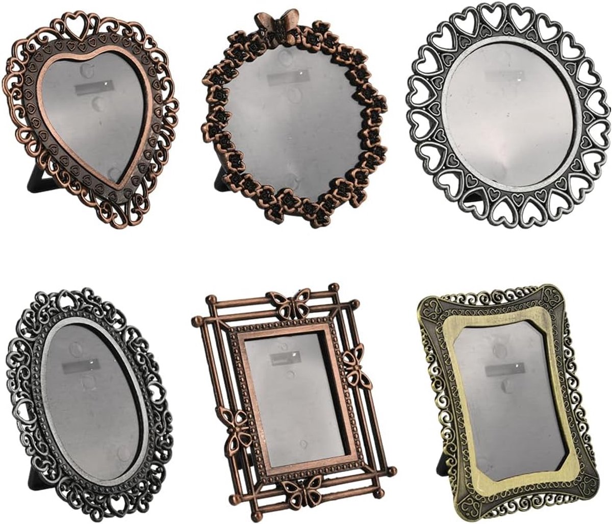 SnelShoppen - 6Pcs Mini Vintage Foto Frames - Hartvormige & Rechthoekige Retro Metaal Fotoranden - Assortiment Kleurrijke DIY Accessoires voor Thuis,