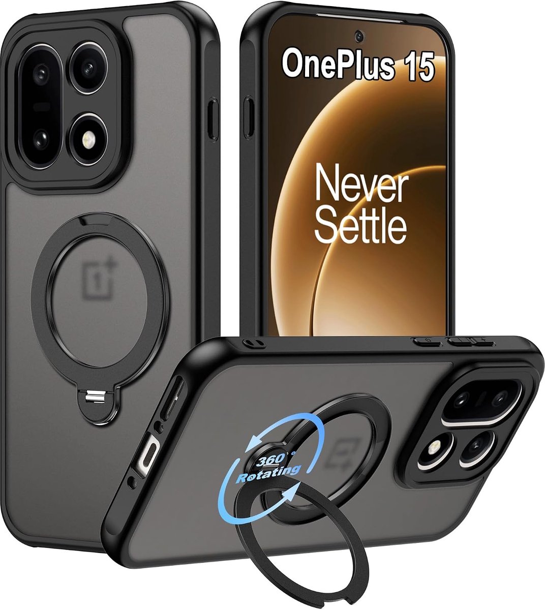 SnelShoppen - Zwarte Case voor OnePlus 15 met MagSafe - 360° Invisible Stand, Schokbestendig, Anti-Kras, Matte Achterkant, Militair Gecertificeerd