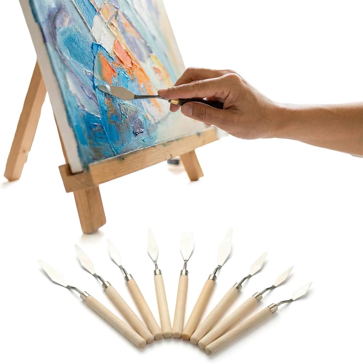 SnelShoppen - Juego de 7 Cuchillos van Paletmesjes voor Acryl, Olie en Gouache - RVS met Houten Handvatten - Perfect voor Schilderen en Creatieve Proj