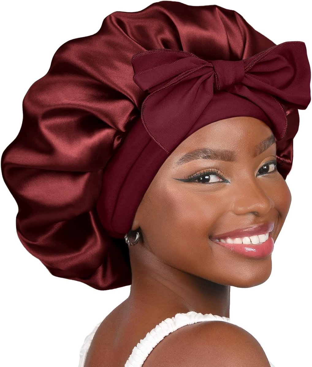SnelShoppen - Satin Lined Sleep Cap voor Vrouwen - Dubbele Laag Bonnet met Strik voor Krullend Haar - Bordeau - One Size - Anti-slip Hoed