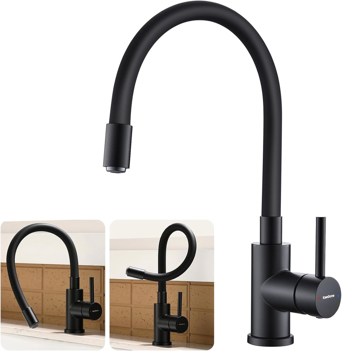 SnelShoppen - Zwarte Keuken Mengkraan met Flexibele Uittrekbare Spraykop, 360° Draaiende Mengkraan, Koud/Heet Water, RVS