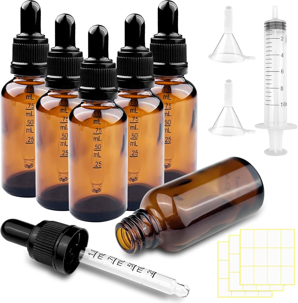 SnelShoppen - 6x 30ml Bruine Glazen Pipette Fles met Trechter en Druppelaar - Perfect voor Essentiële Olie, Parfum en DIY Projecten